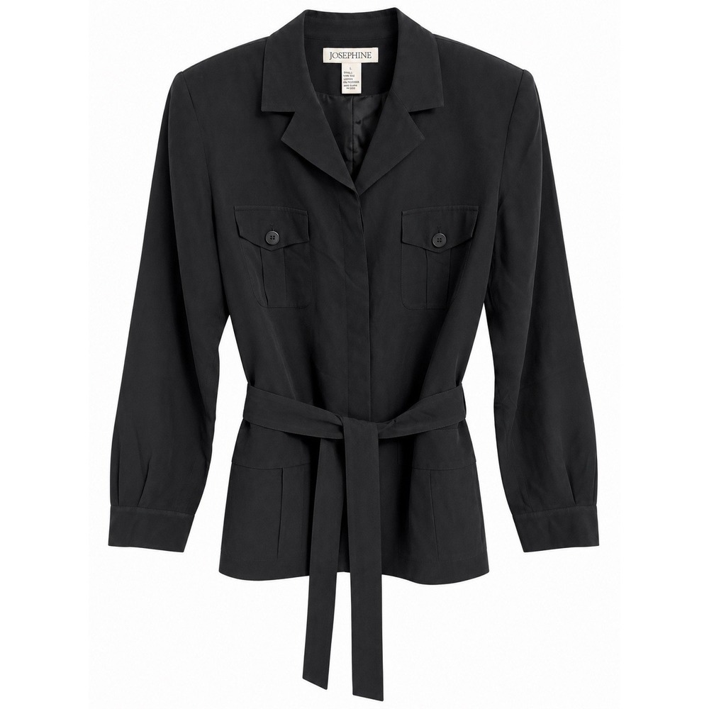 Josephine 100% Silk Black Belted Blazer Jacket L Quiet Luxury NWT SOFT Career